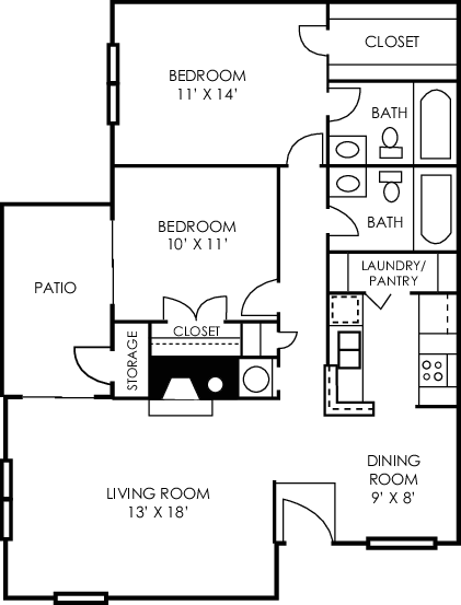 Maple two bedroom floorplan at Woodland Park Apartment Homes, Greensboro, 27455